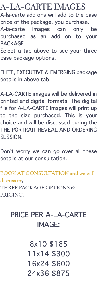 A-LA-CARTE IMAGES A-la-carte add ons will add to the base price of the package. you purchase. A-la-carte images can only be purchased as an add on to your PACKAGE. Select a tab above to see your three base package options. ELITE, EXECUTIVE & EMERGING package details in above tab. A-LA-CARTE images will be delivered in printed and digital formats. The digital file for A-LA-CARTE images will print up to the size purchased. This is your choice and will be discussed during the THE PORTRAIT REVEAL AND ORDERING SESSION. Don't worry we can go over all these details at our consultation. BOOK AT CONSULTATION and we will discuss my THREE PACKAGE OPTIONS & PRICING. PRICE PER A-LA-CARTE IMAGE: 8x10 $185 11x14 $300 16x24 $600 24x36 $875